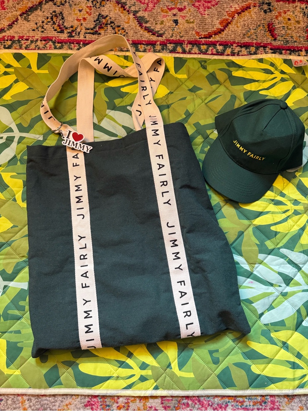 Jimmy Fairly Tote bag, hat, and keychain